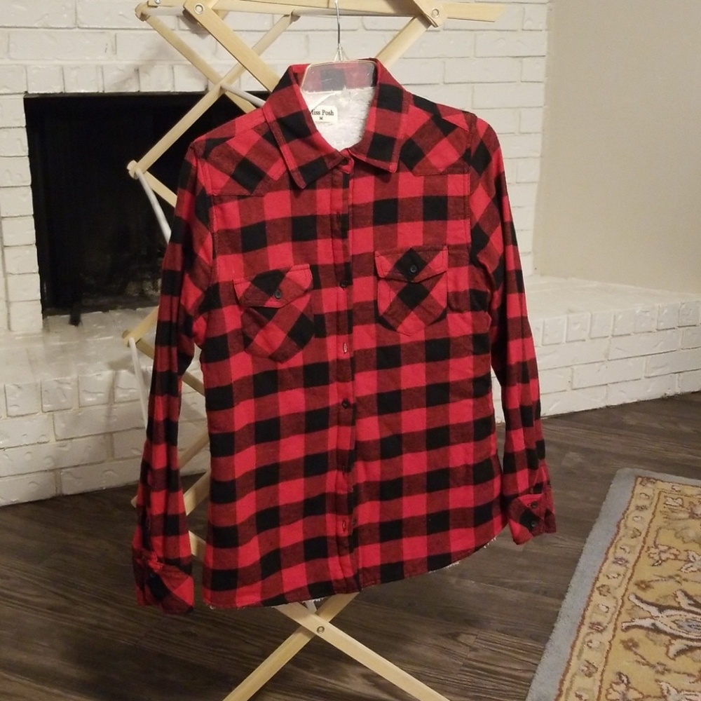 Faux Fur Lined Red Flannel Shirt - M